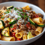 Rigatoni with Sausage, Tomatoes & Zucchini