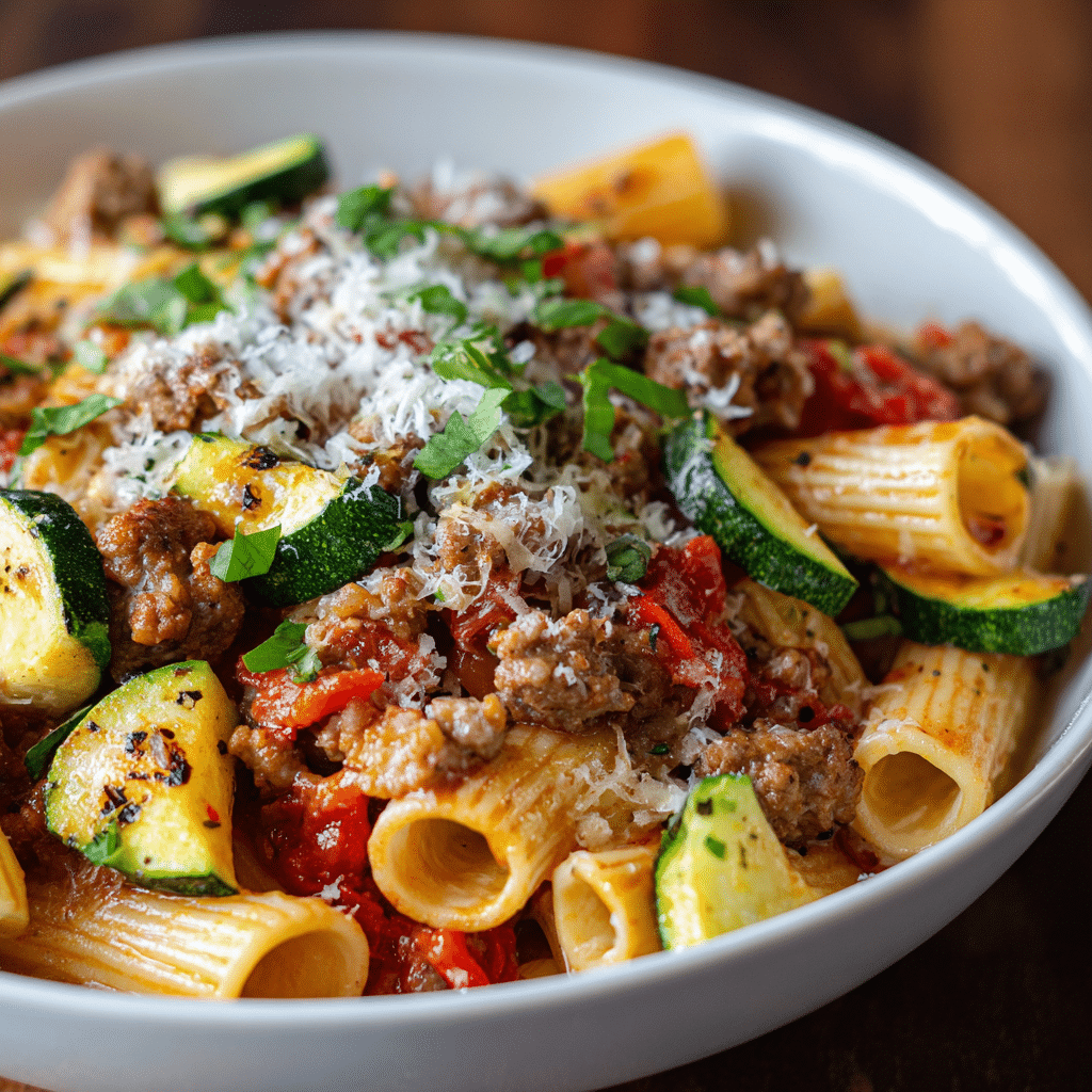 Rigatoni with Sausage, Tomatoes & Zucchini