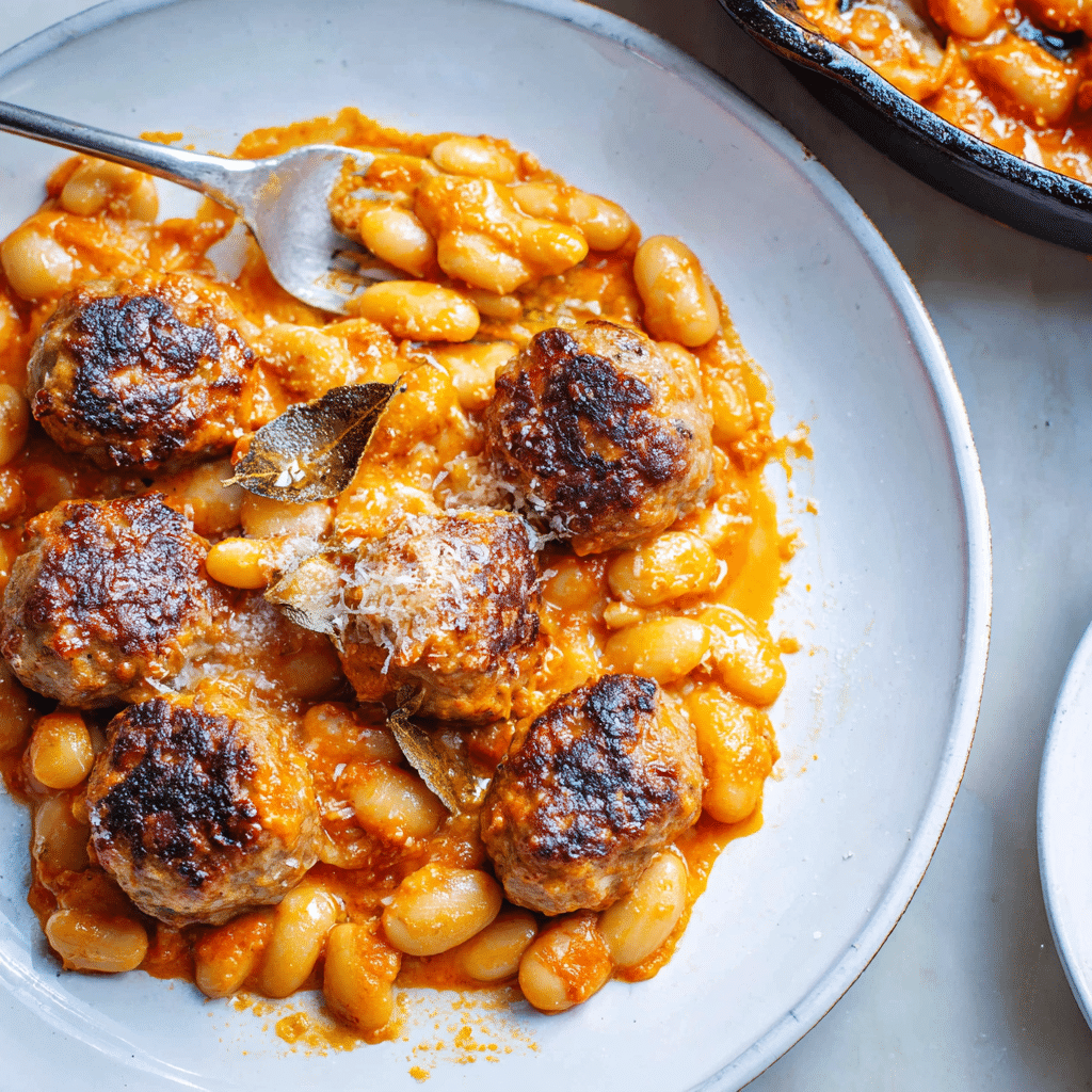 Sausage Fennel Meatballs with Creamy Tomato Butter Beans